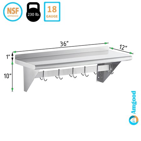 Amgood 12in x 36in Stainless Steel Wall Mounted Pot Rack with Shelf AMG WS-PS-1236